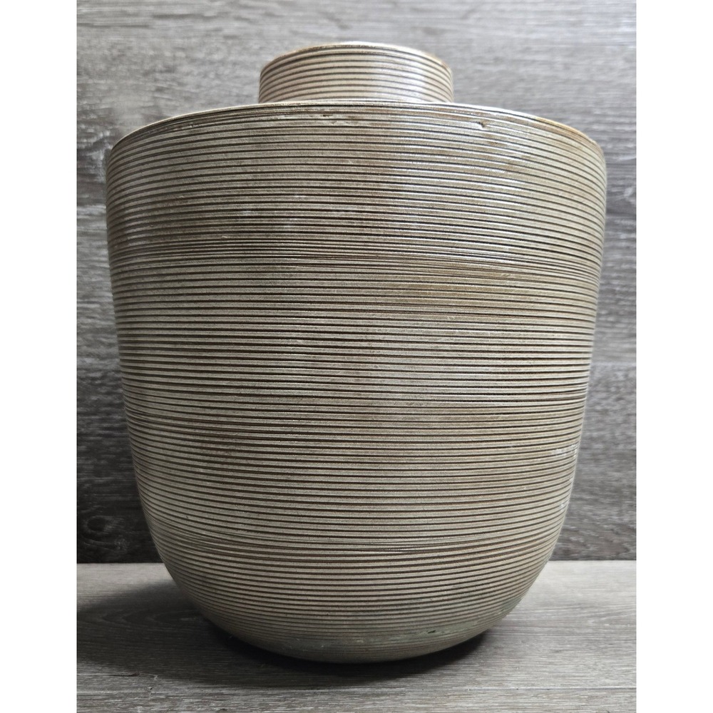 Vintage Mid Century Modern Ribbed Ceramic Vase Gray Jar Taupe Art Pottery Decor